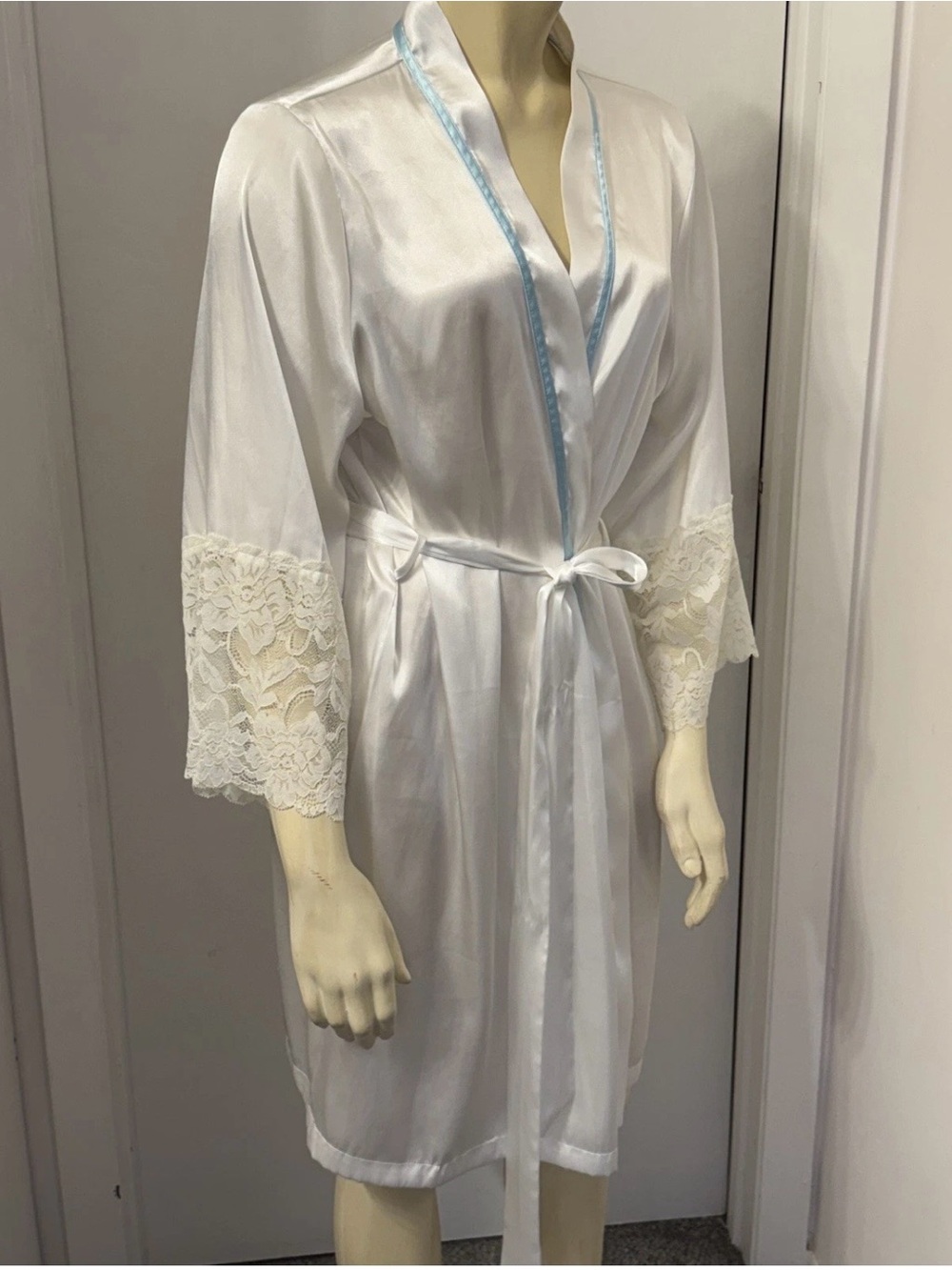 Linea Donatella White Satin Robe with Light Blue Trim